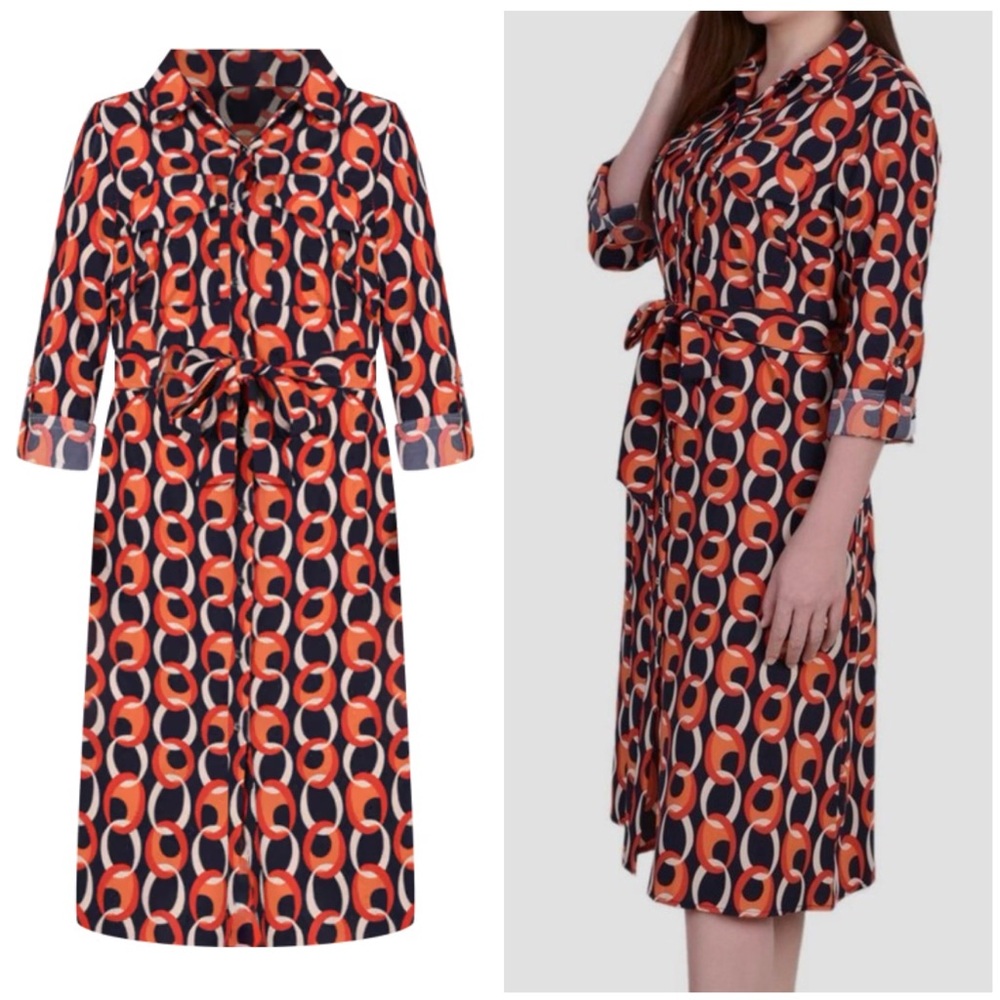 NY Collection | Circle Chain Geometric Belted Long & Roll-up Sleeve Shirt Dress
